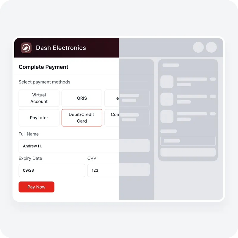 Form pembayaran Dash Electronics dengan metode kartu debit/kredit terpilih, nama lengkap, tanggal kadaluarsa, dan CVV.