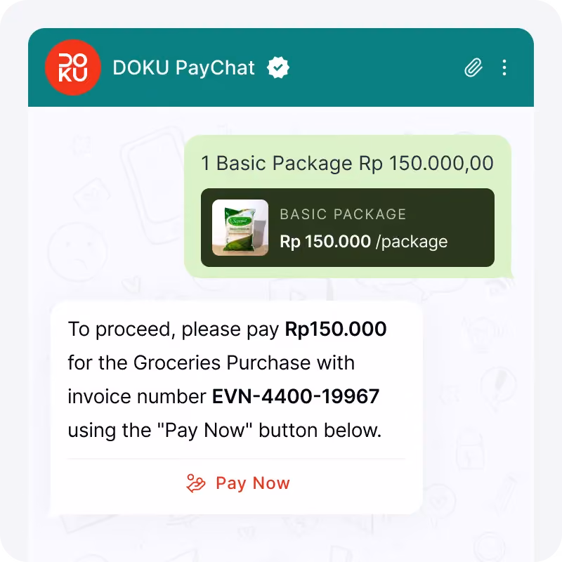 Tangkapan layar obrolan DOKU PayChat menunjukkan instruksi pembayaran 150.000 Rp untuk paket dasar bahan makanan.