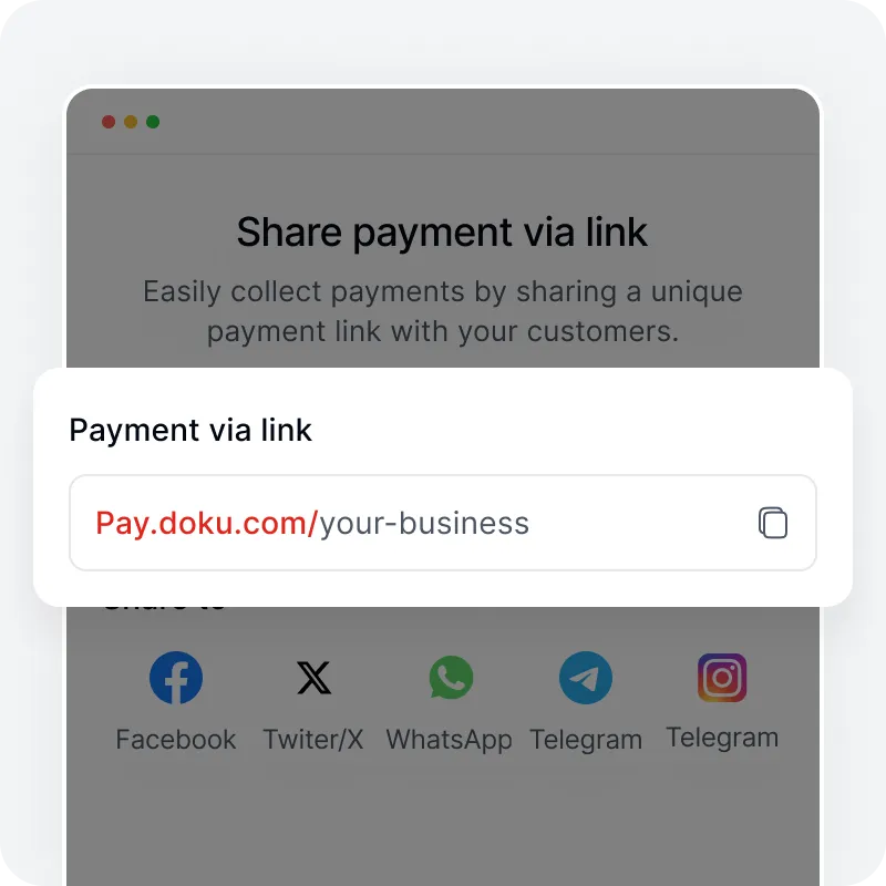 Antarmuka berbagi tautan pembayaran unik melalui Pay.doku.com dengan opsi bagikan ke media sosial.