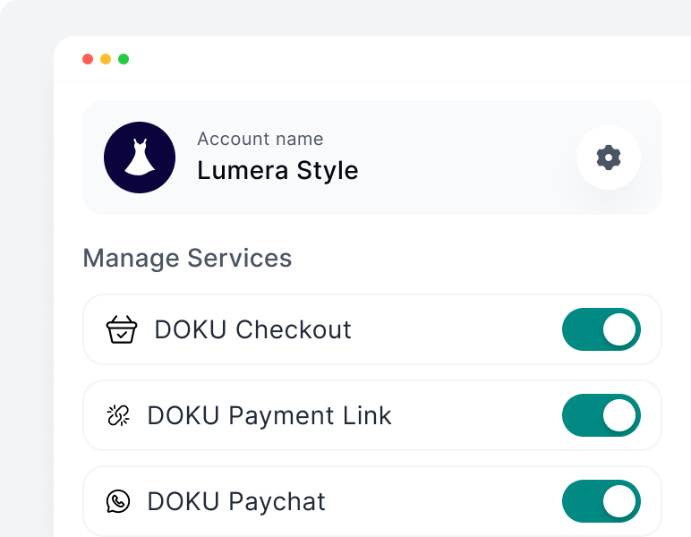 Antarmuka akun Lumera Style dengan layanan DOKU Checkout, Payment Link, dan Paychat aktif.