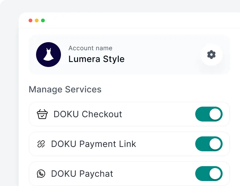 Antarmuka akun Lumera Style dengan layanan DOKU Checkout, Payment Link, dan Paychat aktif.