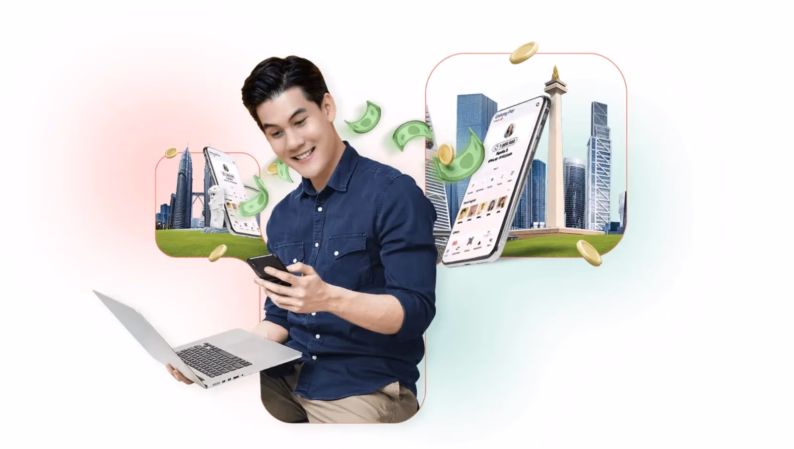 Ilustrasi pria menggunakan laptop dan ponsel dengan latar landmark global, merepresentasikan pengiriman dana lintas negara ke Indonesia dalam bentuk Rupiah secara digital.