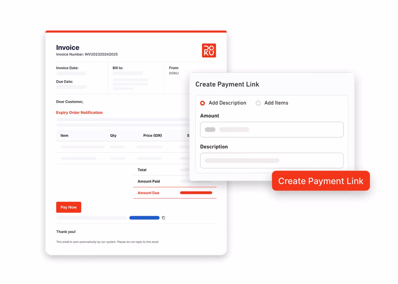 ampilan DOKU Payment Link yang menunjukkan contoh invoice digital dan formulir pembuatan link pembayaran dengan tombol ‘Create Payment Link’. Di sisi kanan terdapat penjelasan bahwa DOKU Payment Link memudahkan bisnis menerima pembayaran melalui link yang dapat dibagikan lewat email, chat, atau media sosial, serta dapat dibuat melalui DOKU Dashboard, aplikasi Juragan DOKU, dan WhatsApp