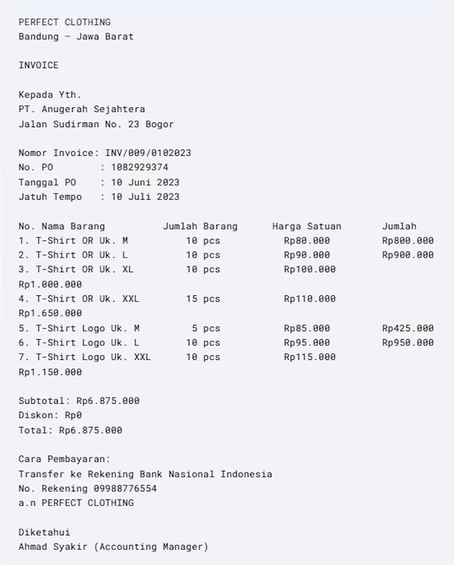 Contoh Invoice Pembelian Barang
