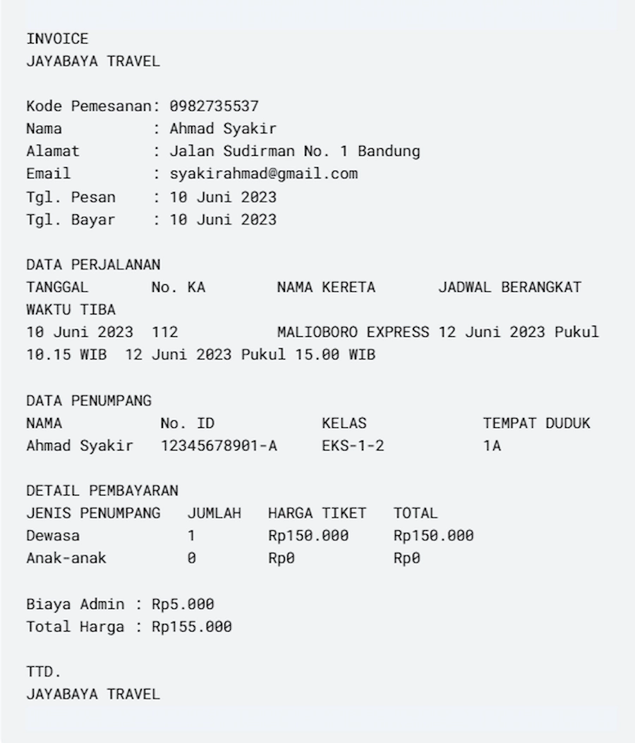 Invoice Pembelian Tiket Kereta Api