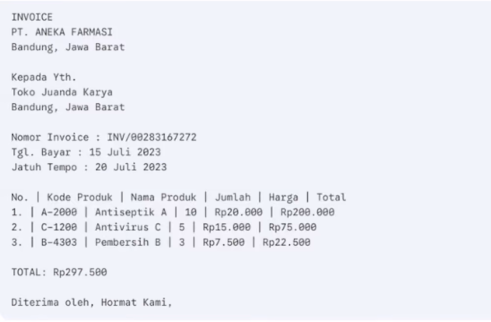 Invoice Penagihan untuk Pembelian Barang Apotek