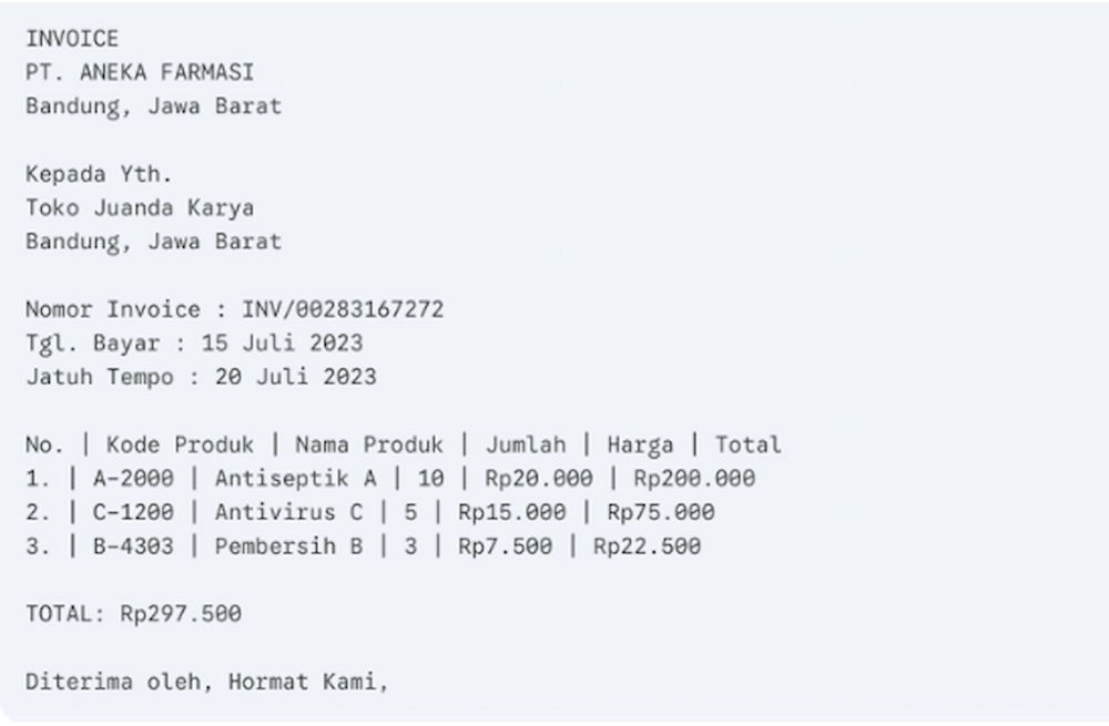 Invoice Penagihan untuk Pembelian Barang Apotek