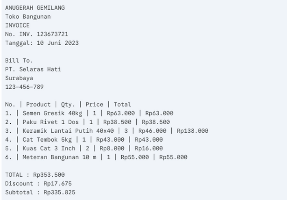Invoice Penagihan untuk Pembelian Bahan Bangunan