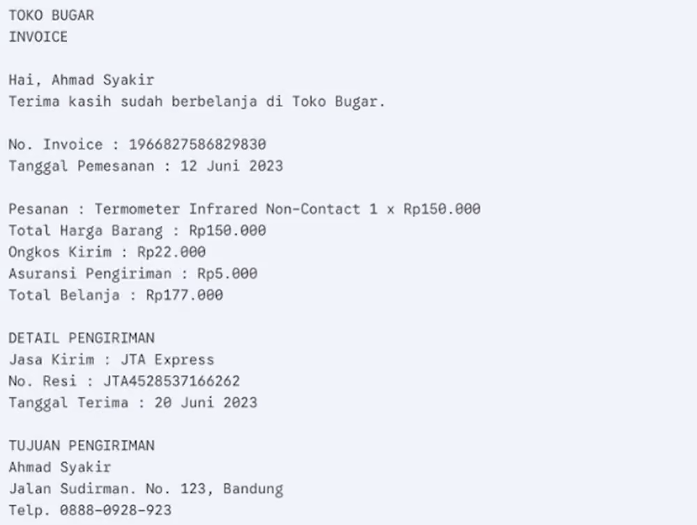 Invoice untuk Pembelian Toko Online