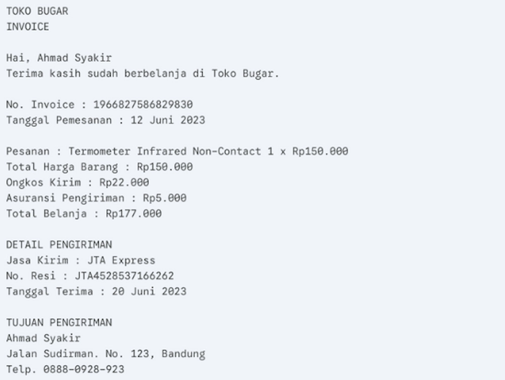 Invoice untuk Pembelian Toko Online