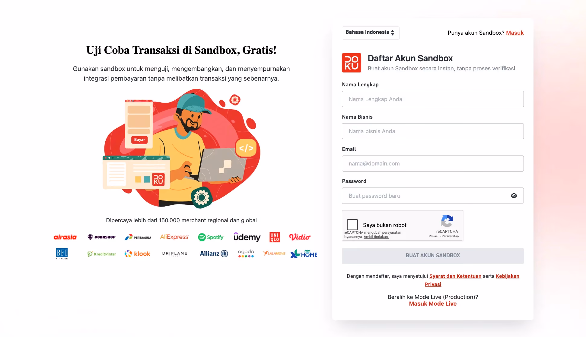 Ilustrasi penggunaan Sandbox DOKU untuk menguji dan mengeksplorasi proses pembayaran tanpa transaksi nyata.