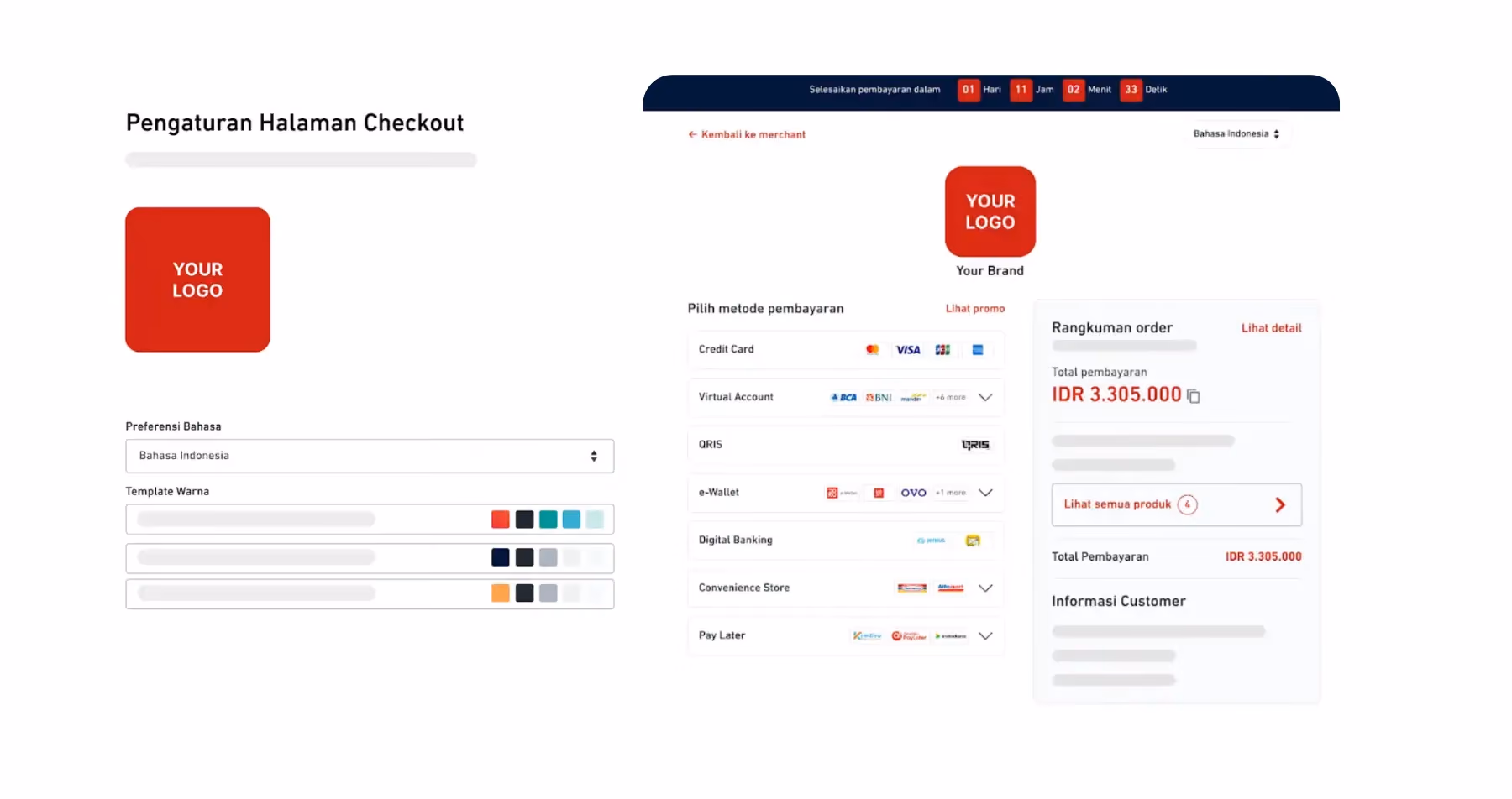 Tampilan pengaturan halaman checkout DOKU Checkout yang menampilkan opsi kustomisasi logo, warna, dan bahasa agar sesuai dengan brand.