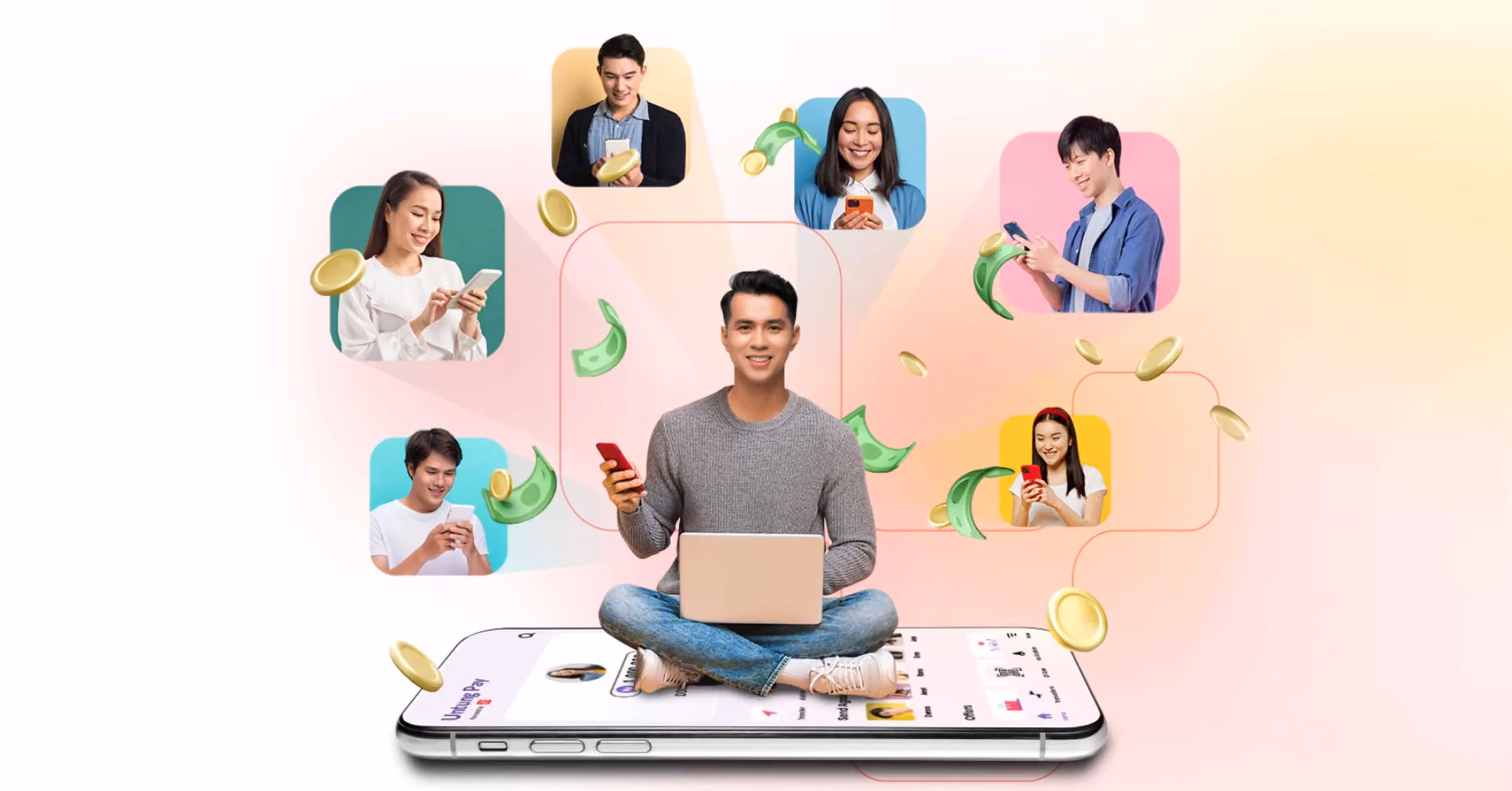 Ilustrasi disbursement pembayaran ke e-wallet dan 126+ bank melalui integrasi API payment gateway DOKU, menampilkan proses transfer dana otomatis secara digital.