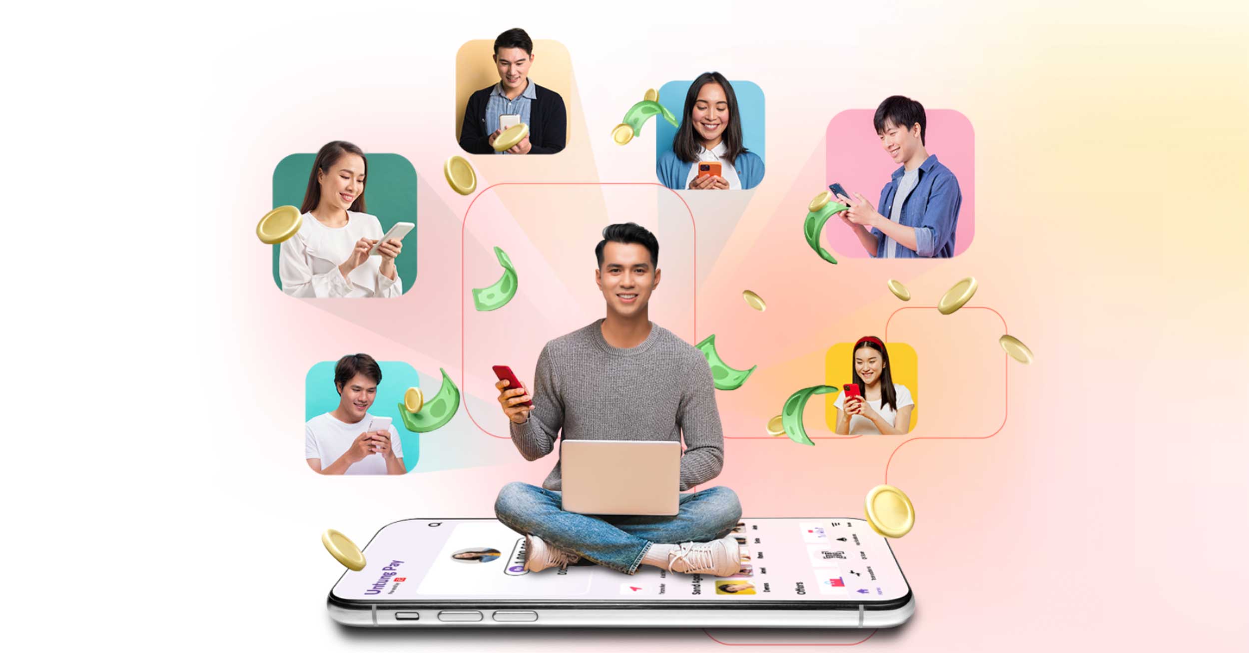 Ilustrasi layanan payout massal ke banyak rekening bank dan e-wallet di Indonesia, mendukung transfer dana otomatis ke 126+ bank seperti BRI, Mandiri, BNI, BCA, CIMB Niaga, serta e-wallet OVO, DANA, GoPay, dan LinkAja.