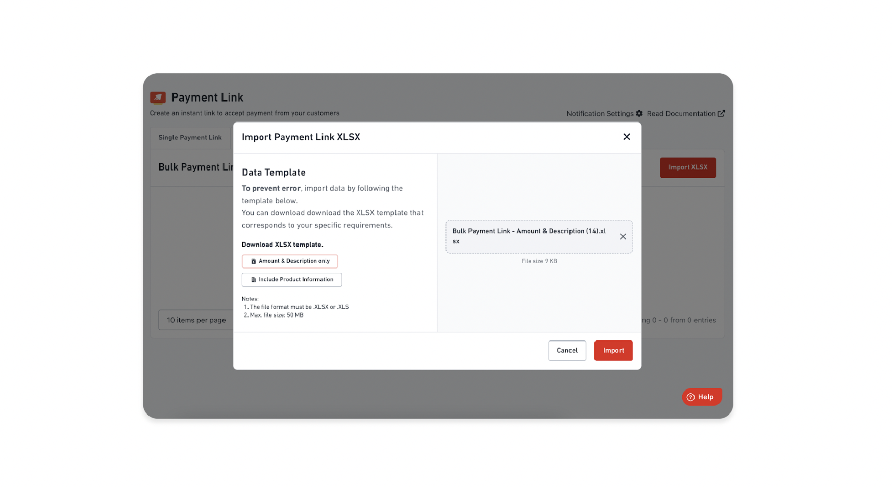 Tampilan fitur Bulk Creation di DOKU Payment Link untuk mengunggah file XLSX dan membuat tautan pembayaran massal.