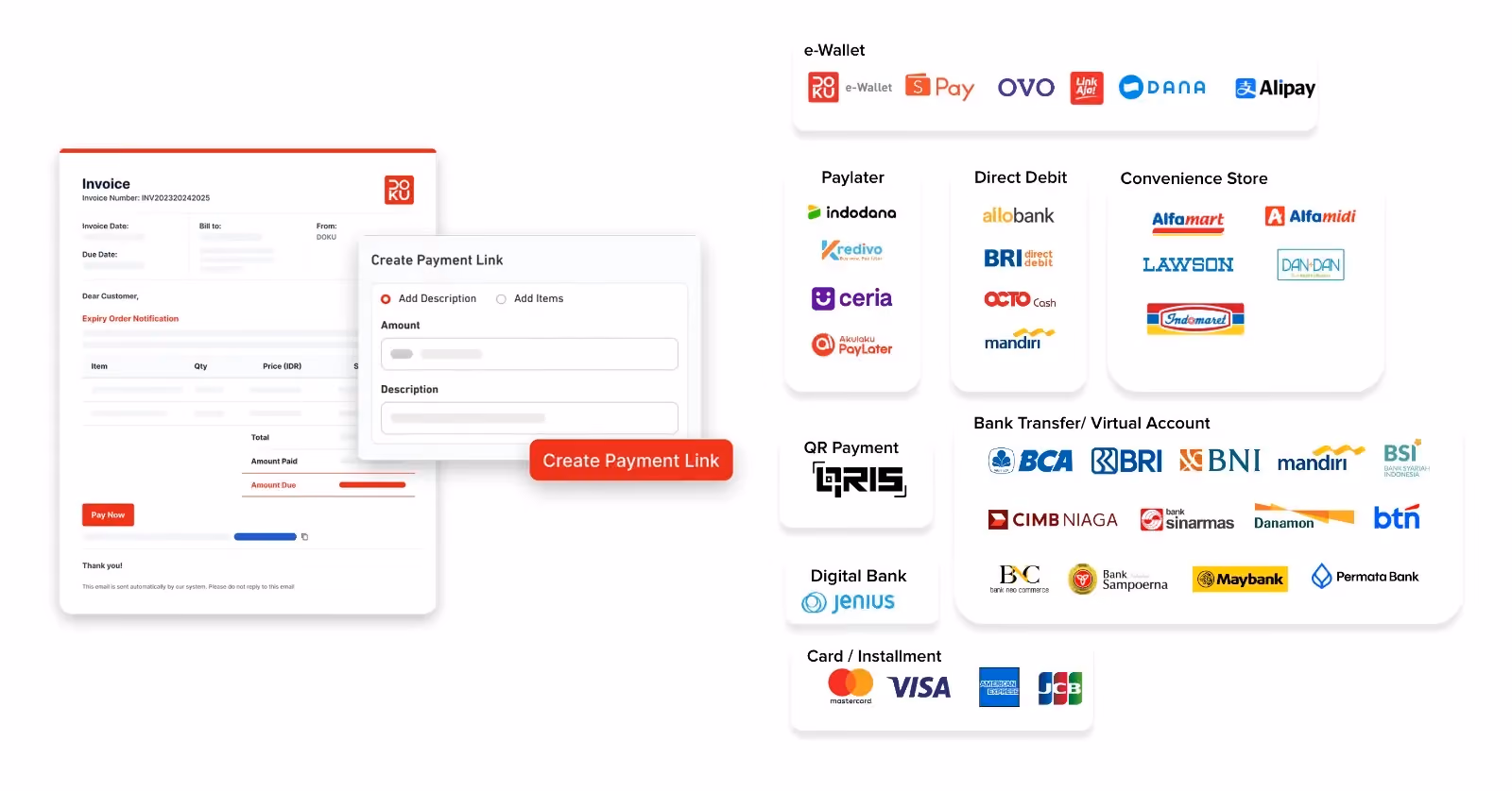 Tampilan invoice digital dan pembuatan DOKU Payment Link dengan pilihan 45+ metode pembayaran lengkap