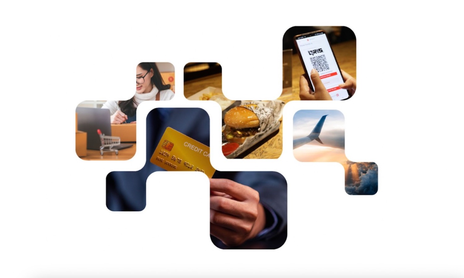 Kolase ilustrasi berbagai metode dan konteks pembayaran, termasuk QRIS, kartu kredit, belanja online, restoran, dan perjalanan, menggambarkan kebutuhan fitur payment gateway yang mendukung beragam jenis transaksi.