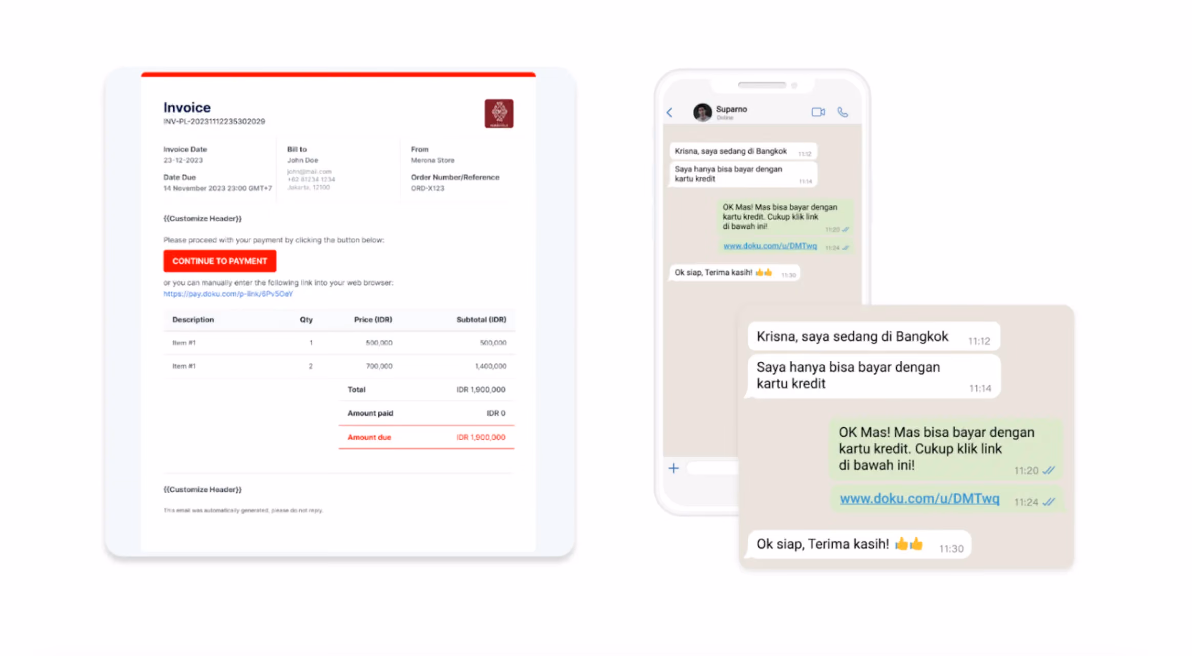 Tampilan antarmuka pembayaran melalui payment link di smartphone, menampilkan detail tagihan, pilihan bayar penuh atau sebagian, serta riwayat pembayaran, ilustrasi solusi penagihan aman via chat, email, atau SMS.