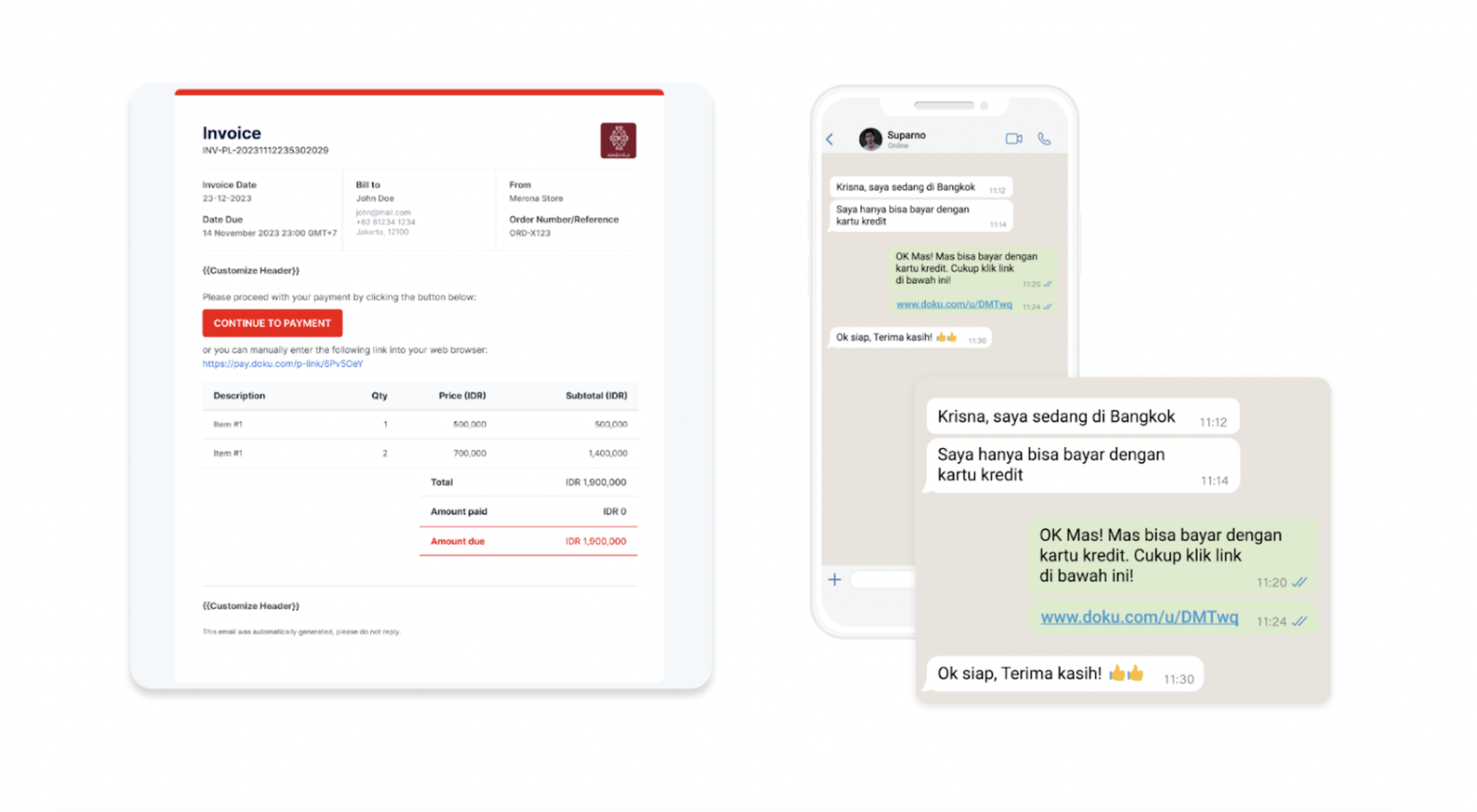 Tampilan antarmuka pembayaran melalui payment link di smartphone, menampilkan detail tagihan, pilihan bayar penuh atau sebagian, serta riwayat pembayaran, ilustrasi solusi penagihan aman via chat, email, atau SMS.
