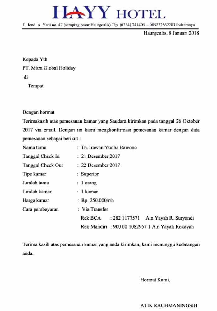 Contoh Surat Konfirmasi Pesanan Hotel dan Penginapan