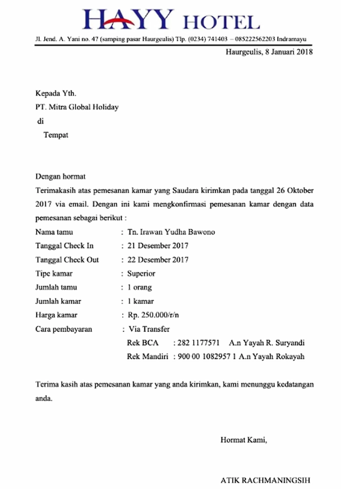 Contoh Surat Konfirmasi Pesanan Hotel dan Penginapan