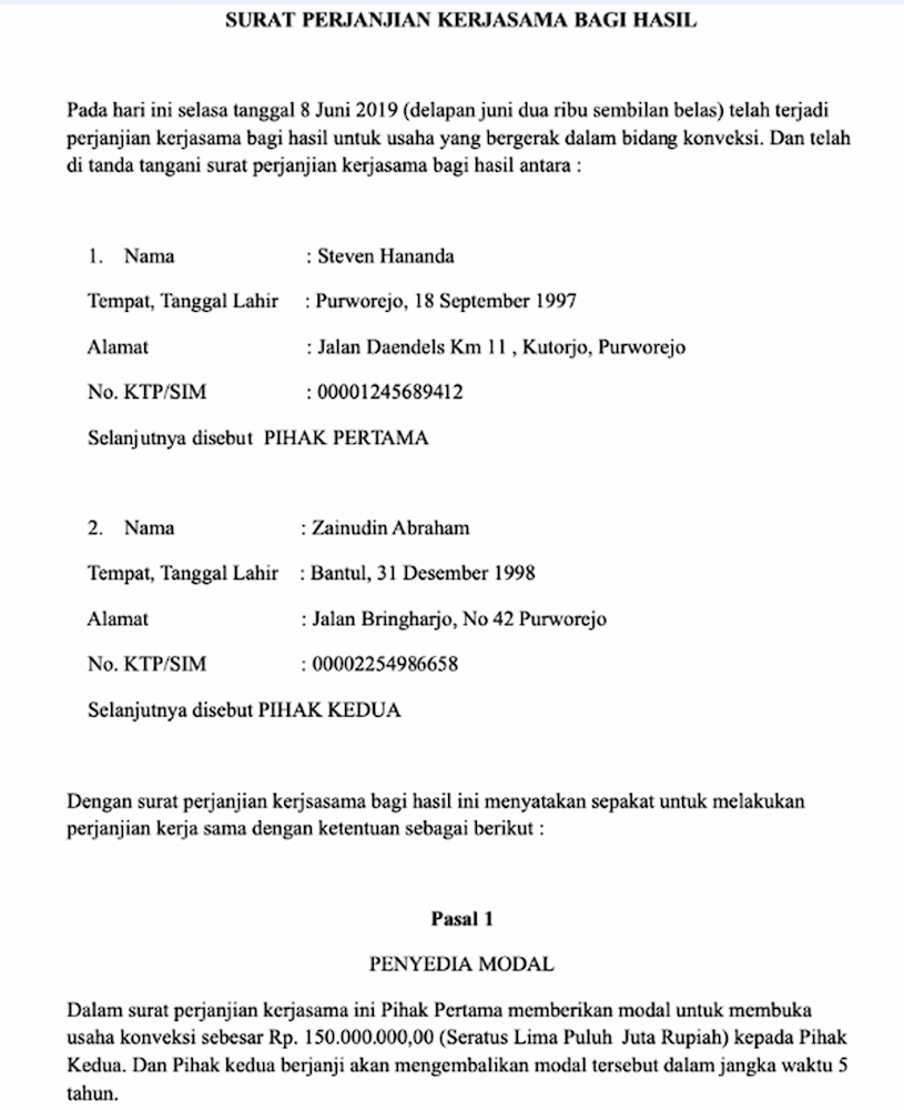 Contoh Surat Kerja Sama Pembagian Bagi Hasil - DOKU
