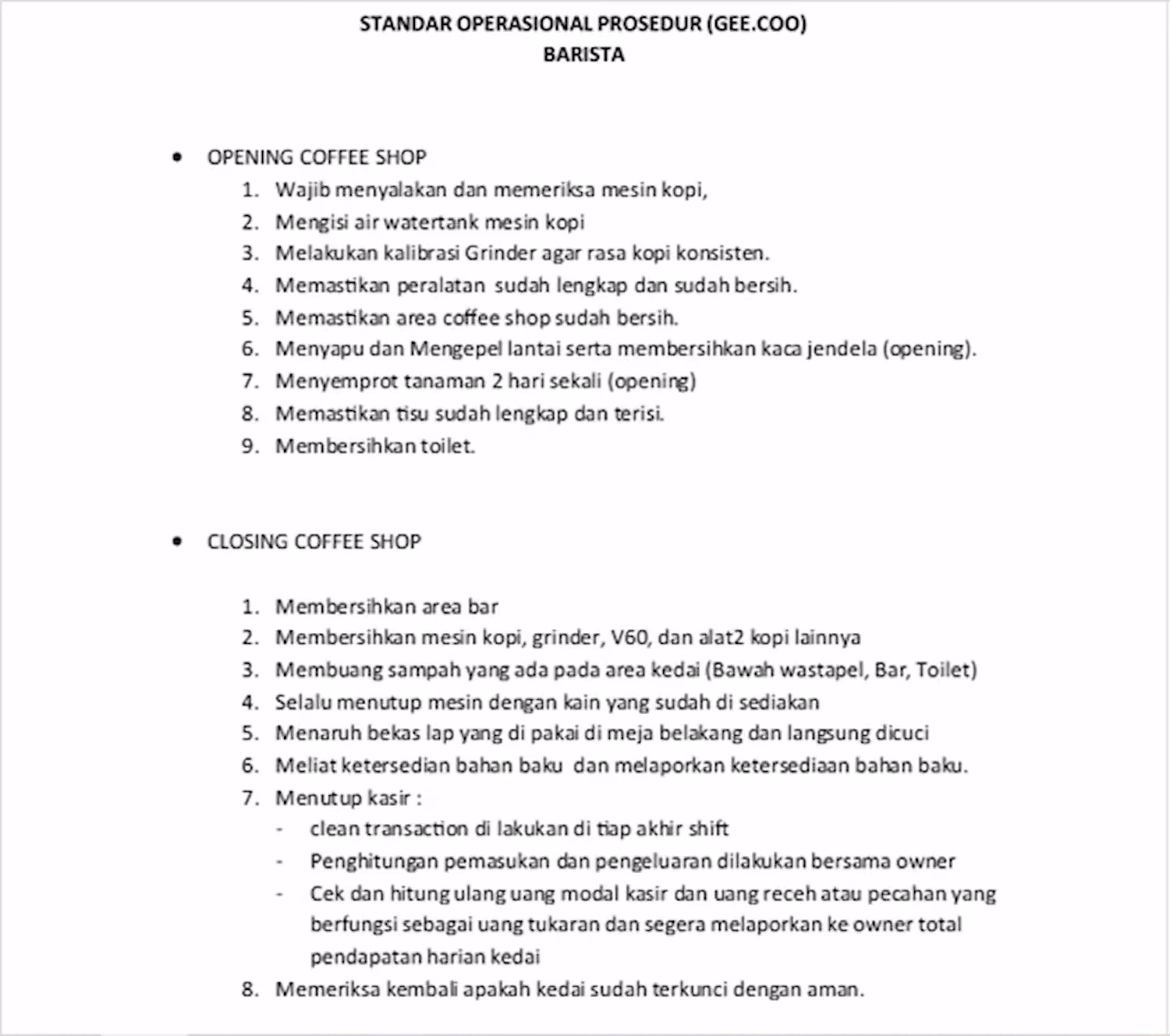 Contoh SOP Coffee Shop PDF