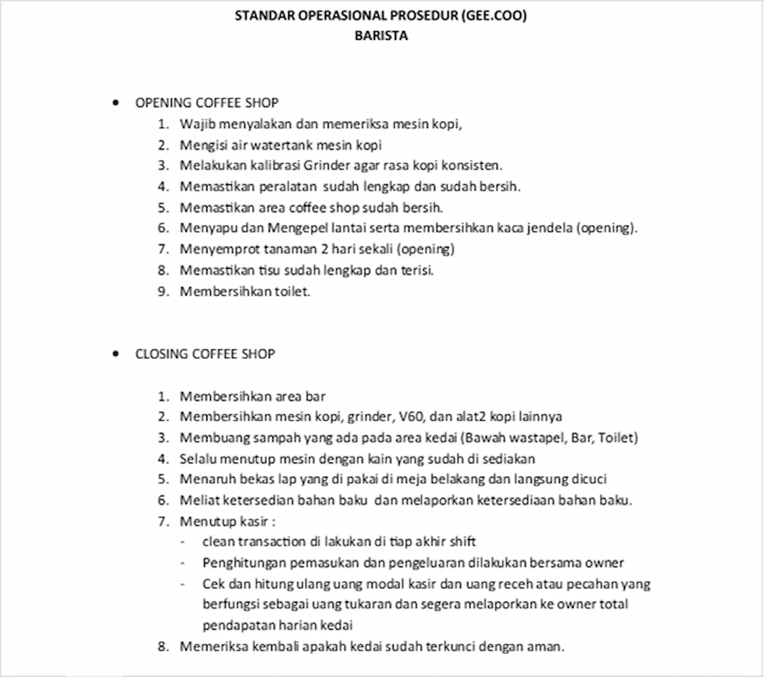 Contoh SOP Coffee Shop PDF