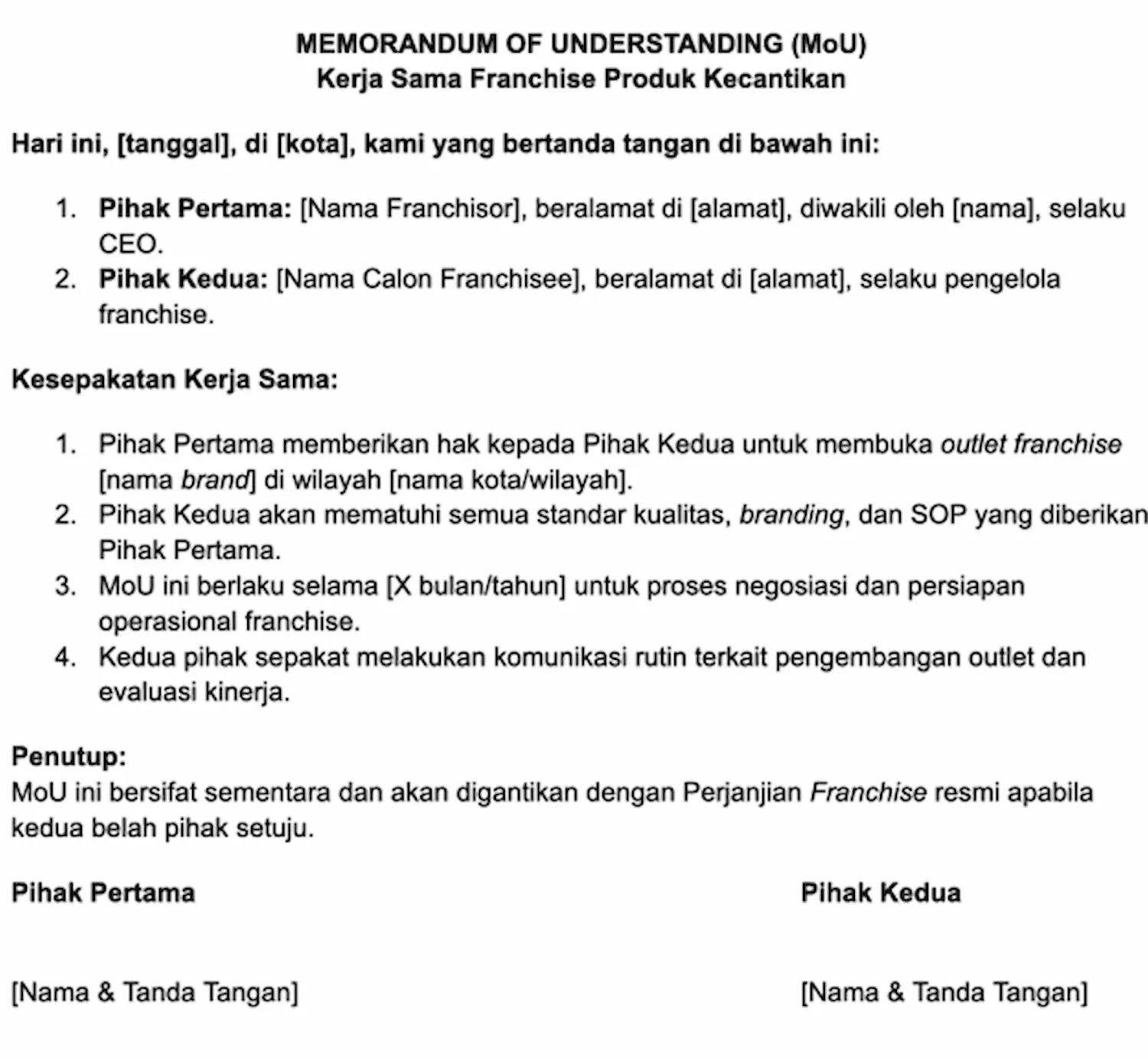Contoh MoU Kerja sama skema franchise - DOKU