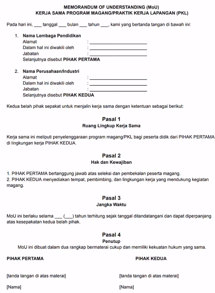 Contoh MoU Kerja Sama Kemitraan Lembaga Pendidikan - DOKU
