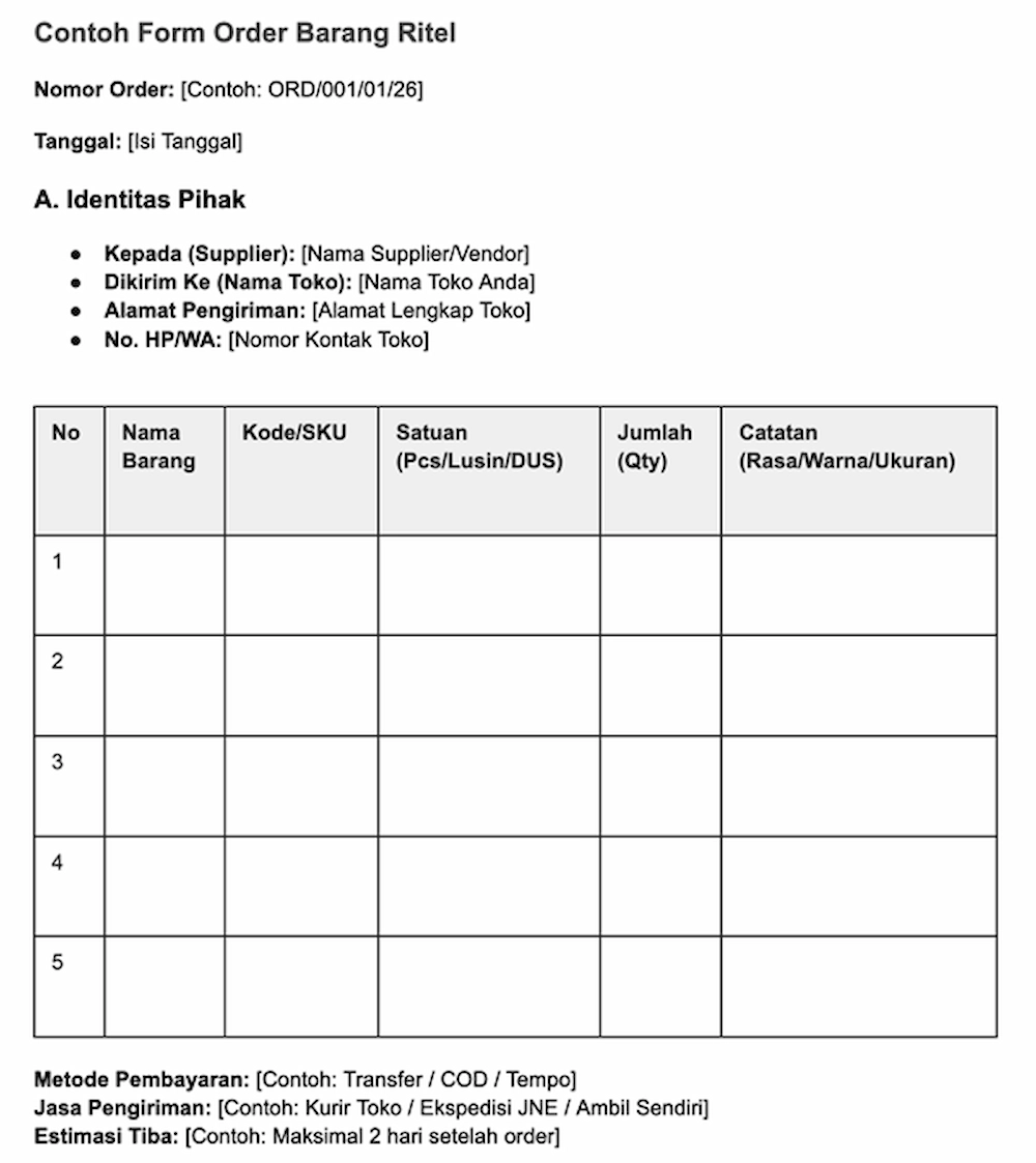 Contoh Form Order Barang Ritel