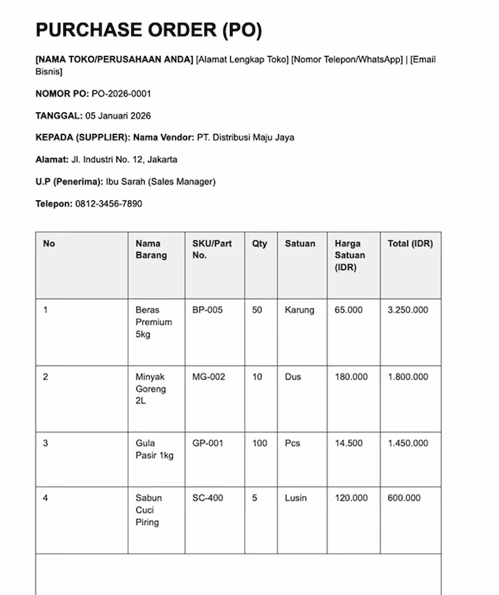 Download Contoh Form Purchase Order dan Delivery Order Form Profesional
