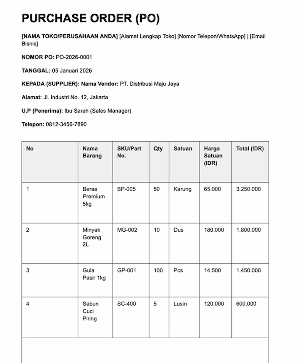 Download Contoh Form Purchase Order dan Delivery Order Form Profesional