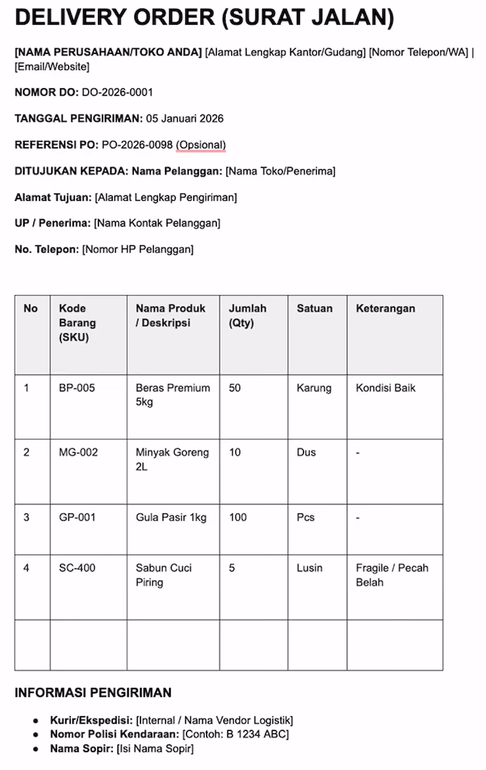 Contoh Form Delivery Order Form Profesional