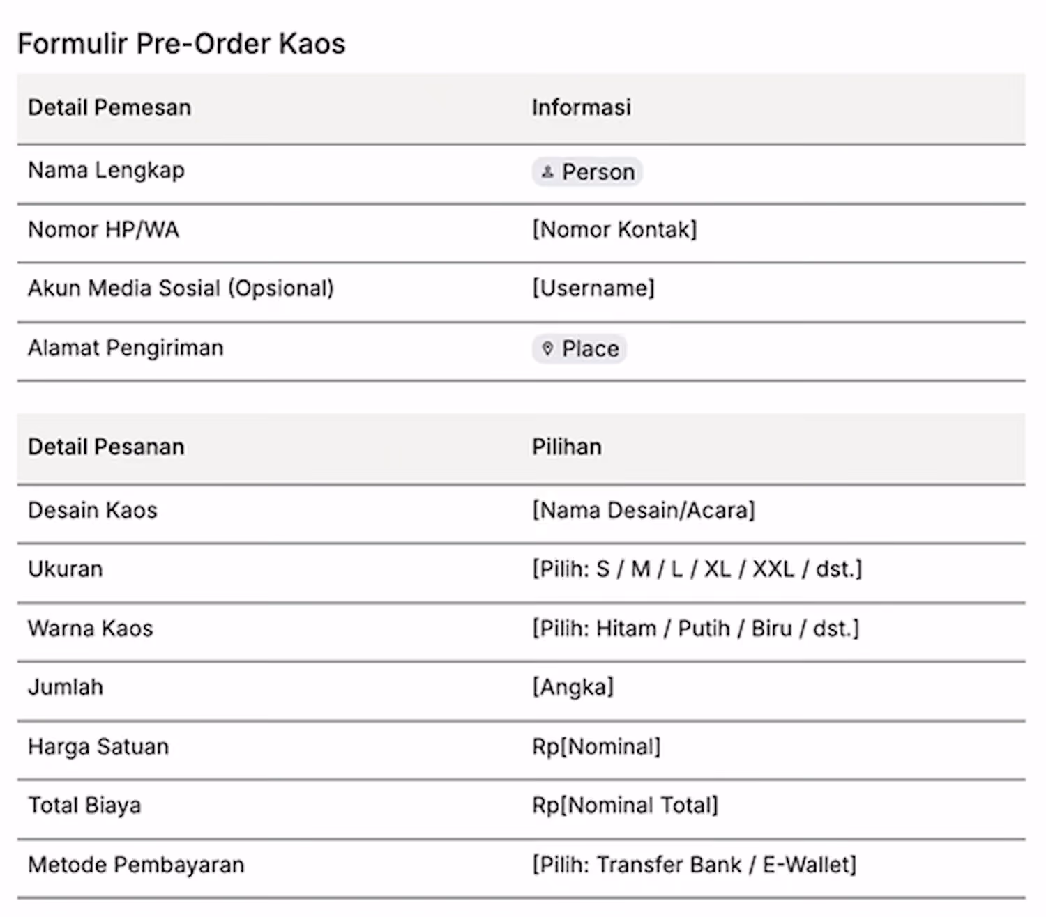 Contoh Formulir Pre-Order Kaos