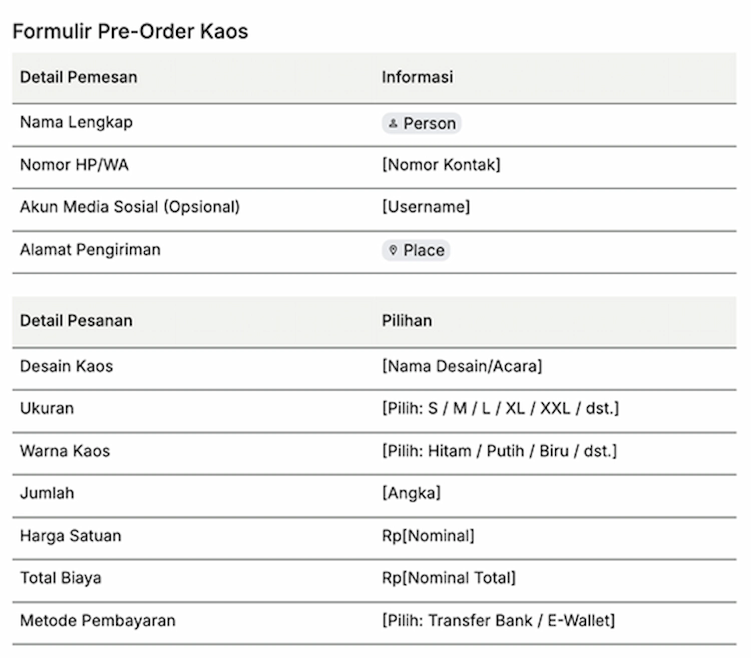 Contoh Formulir Pre-Order Kaos