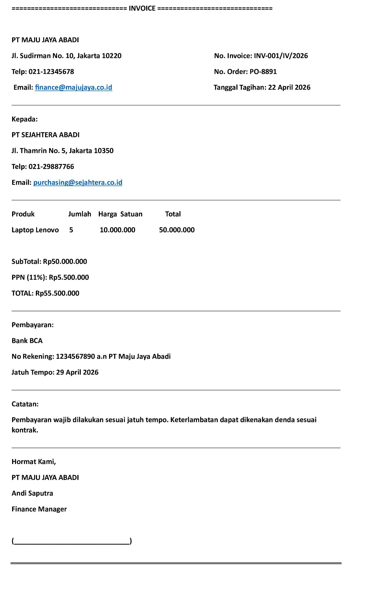contoh surat invoice