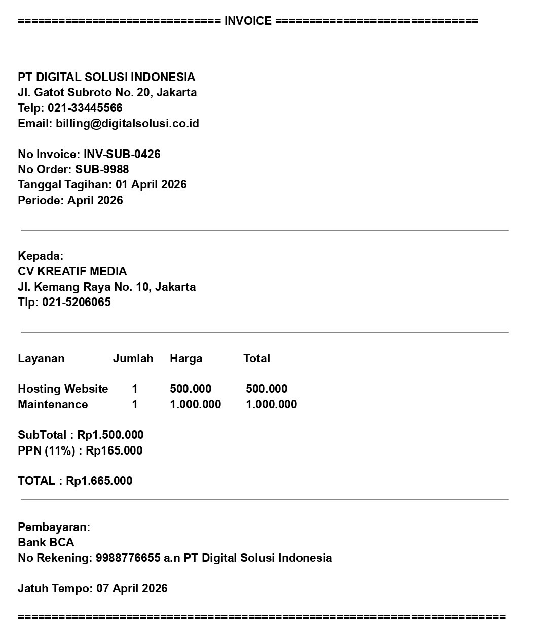 contoh surat invoice