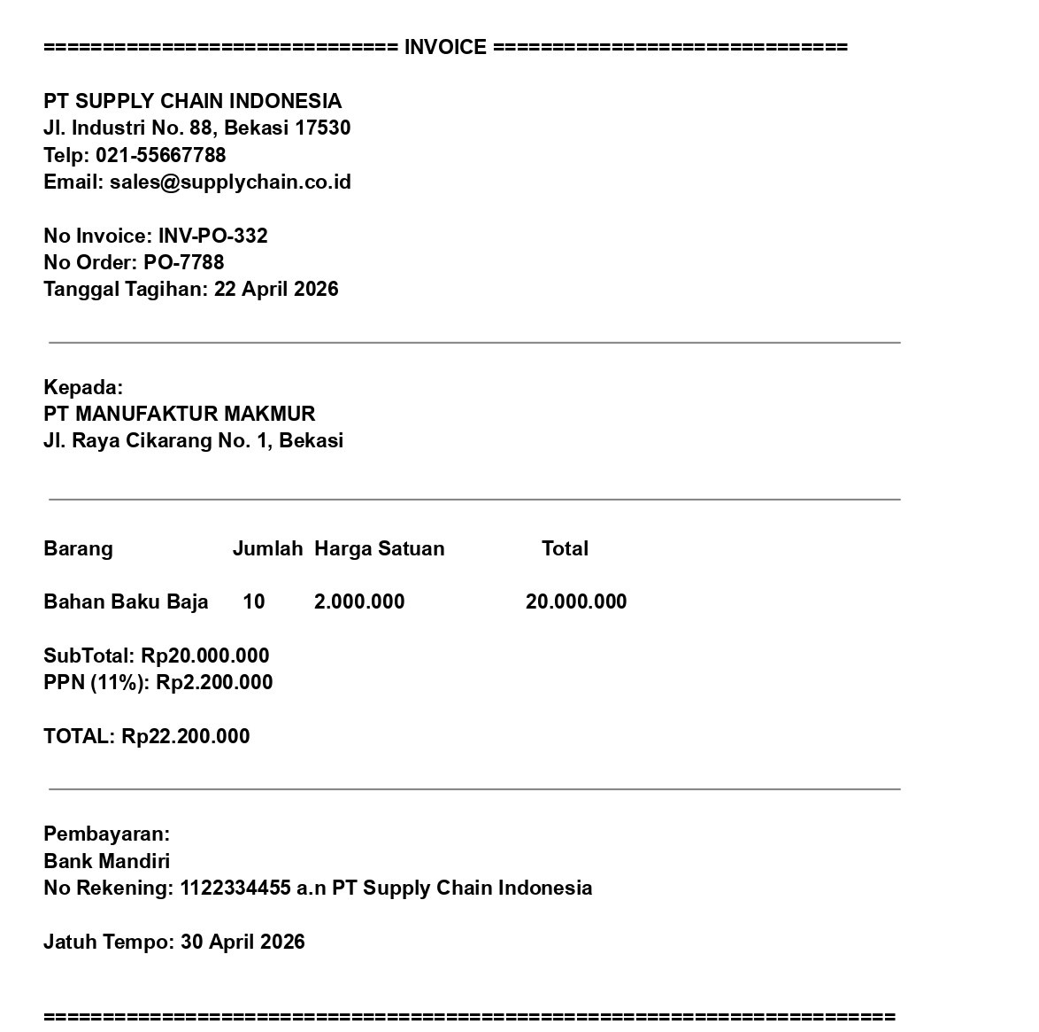 contoh surat invoice