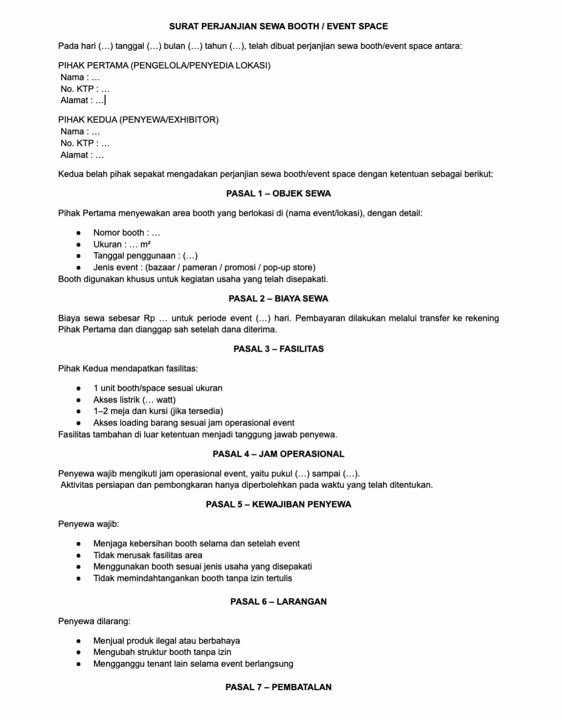 contoh surat perjanjian sewa tempat usaha