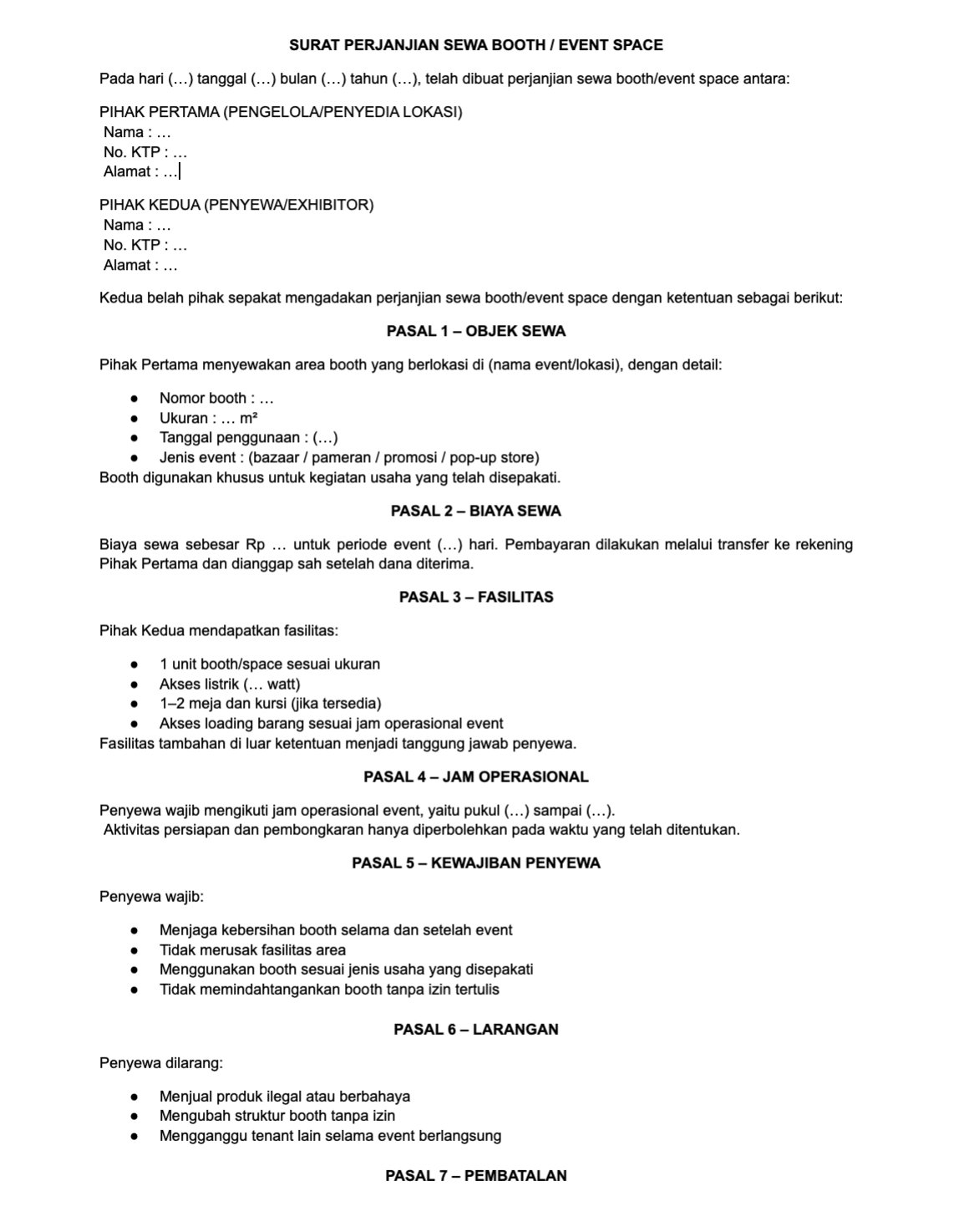 contoh surat perjanjian sewa tempat usaha