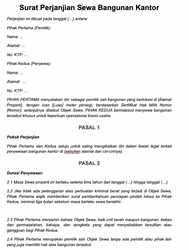 contoh surat perjanjian sewa tempat usaha