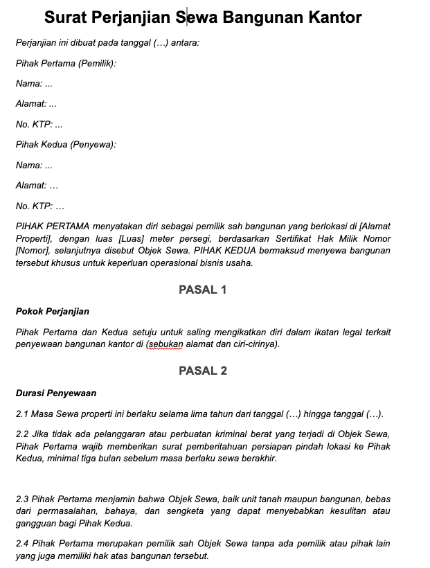 contoh surat perjanjian sewa tempat usaha