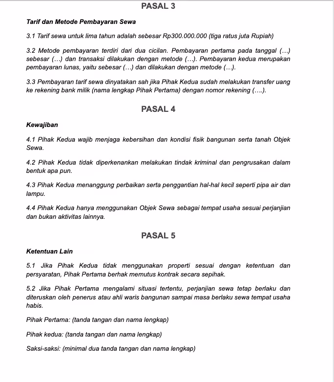 contoh surat perjanjian sewa tempat usaha