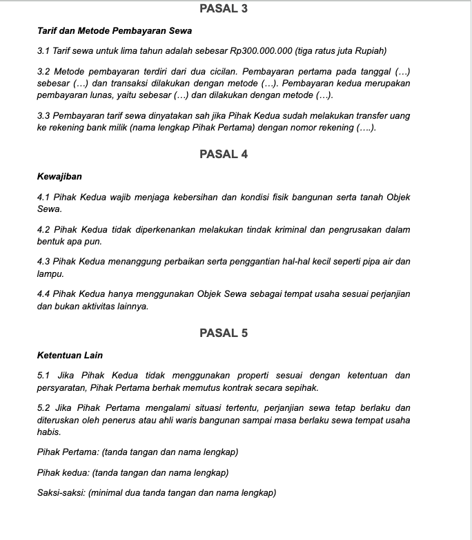 contoh surat perjanjian sewa tempat usaha