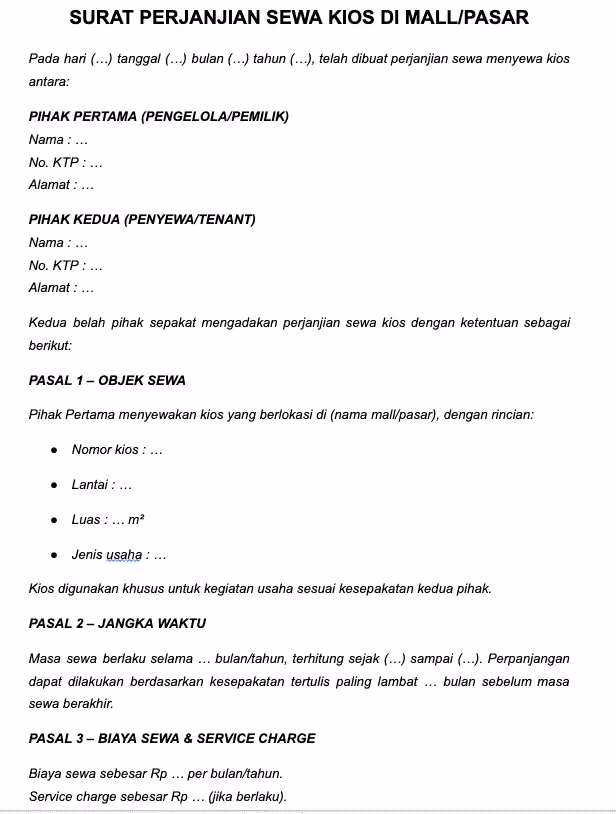 contoh surat perjanjian sewa tempat usaha