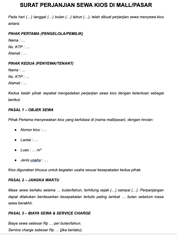 contoh surat perjanjian sewa tempat usaha