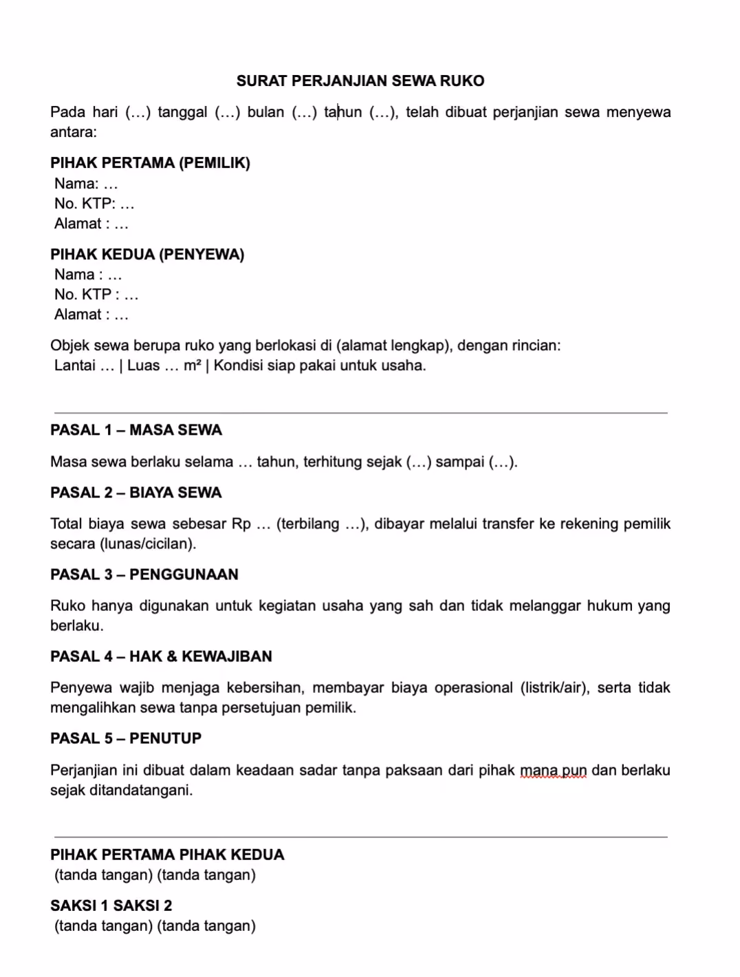 contoh surat perjanjian sewa tempat usaha