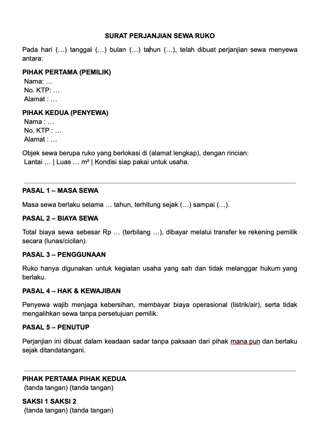 contoh surat perjanjian sewa tempat usaha