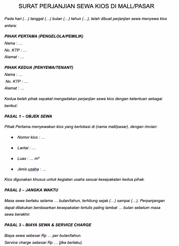 contoh surat perjanjian sewa tempat usaha